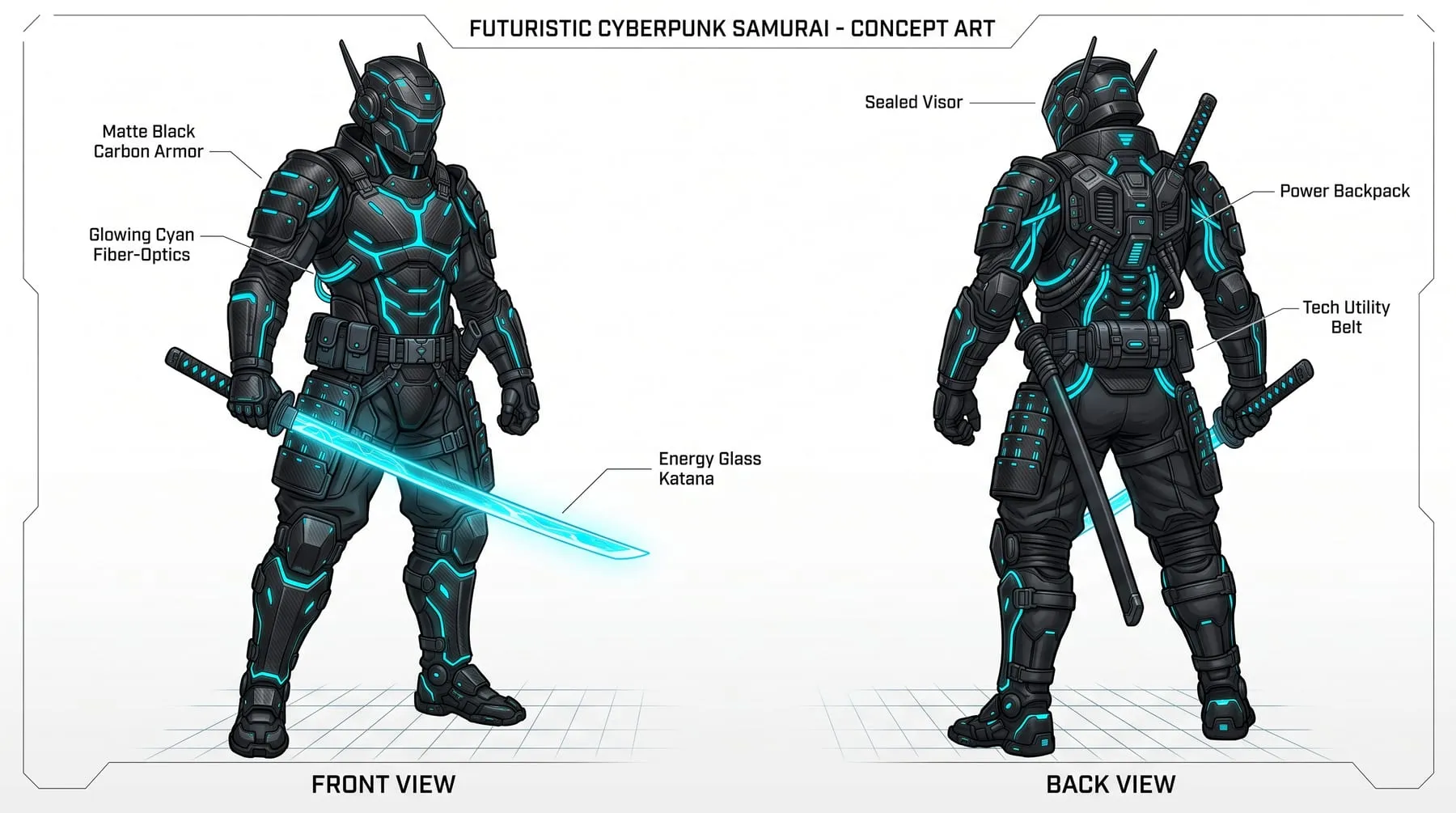 Φύλλα concept με μπροστινή και πίσω όψη μαύρου cyber samurai με κυανές οπτικές ίνες και ενεργειακή κατάνα