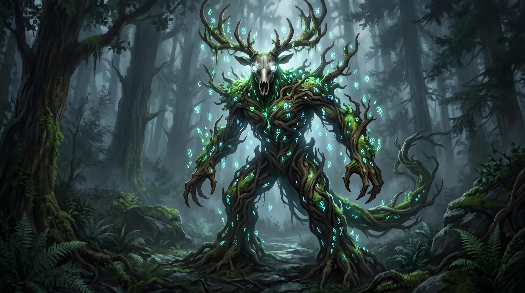 Concept art με βρυόφυτες δασικές θεότητες, αρχαία πλάσματα μισά φυτά και μισά θηλαστικά