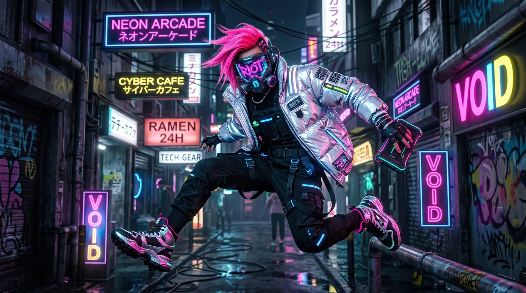 Φύλλο concept με streetwear ήρωα, κινητικό εξοπλισμό υψηλής ευκινησίας και νέον λεπτομέρειες