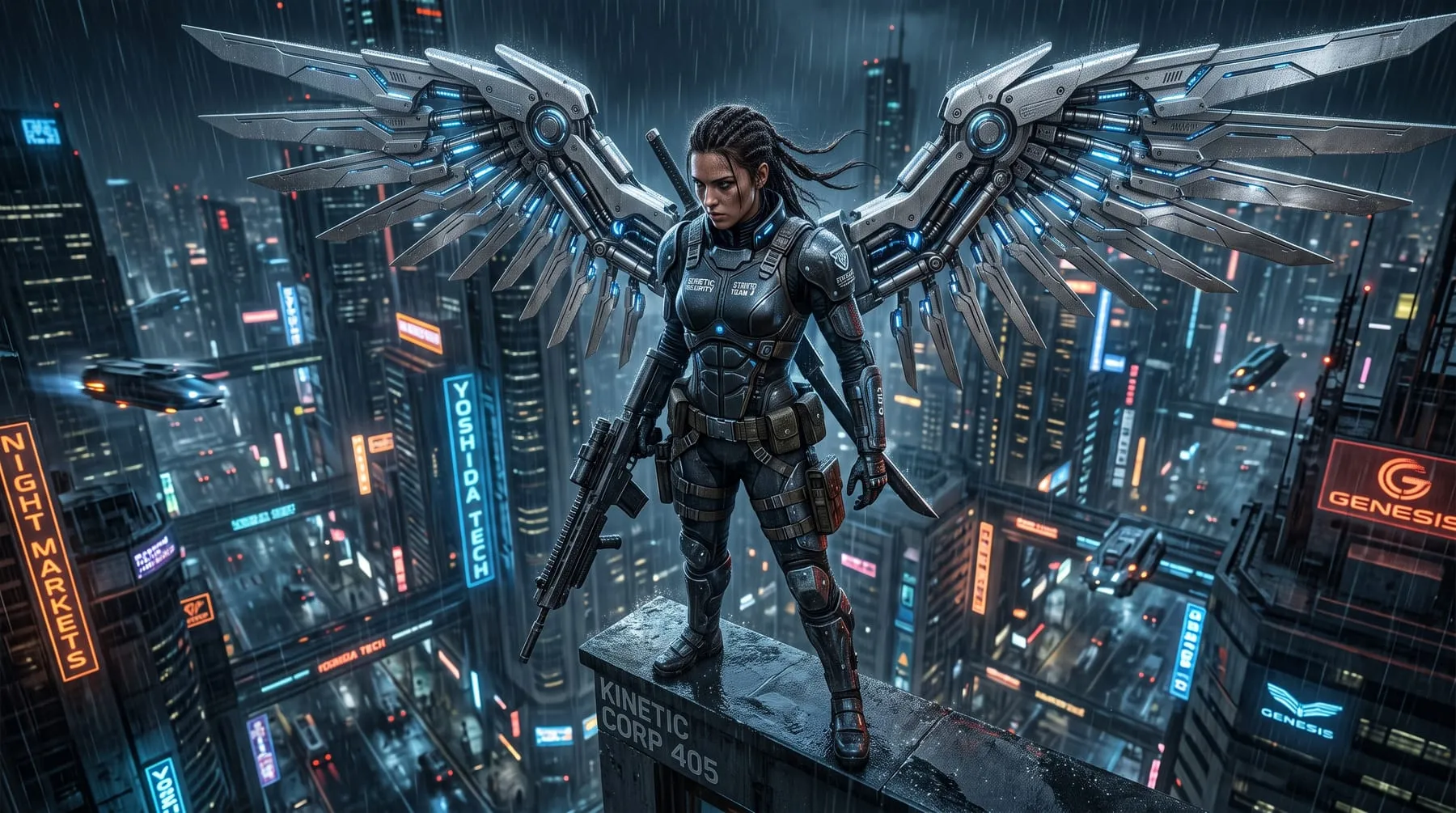 Concept της Brynhildr, κυβερνητικά ενισχυμένης εταιρικής enforcer σε δυστοπική μεγαλούπολη