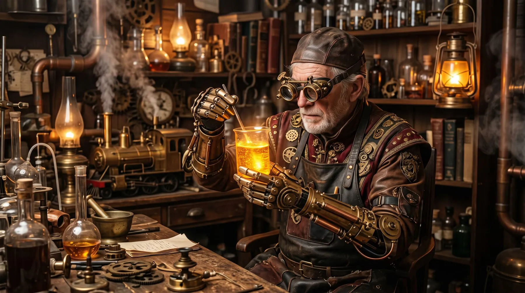 Steampunk λόγιος με μηχανικά ακριβή ορειχάλκινα γρανάζια, σχεδιασμένος για εξώφυλλο επιτραπέζιου RPG