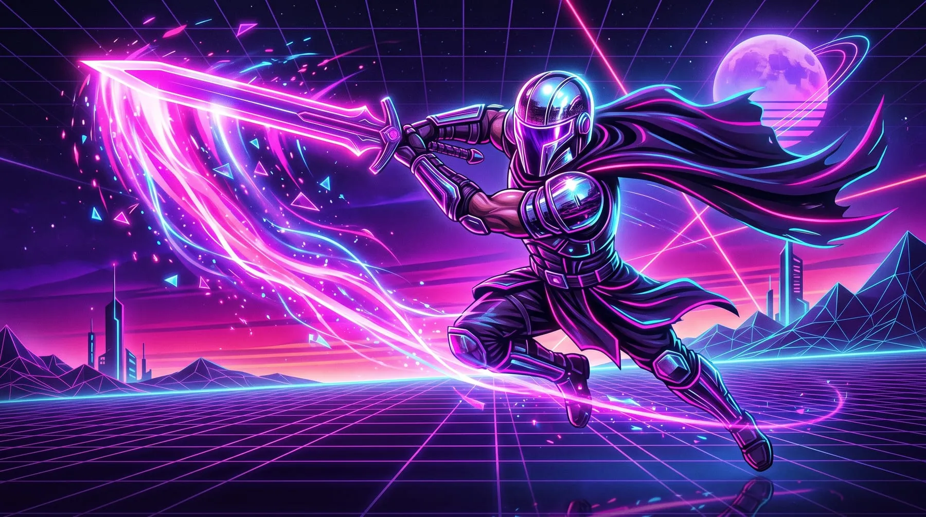 Key art ενός synthwave ronin του οποίου η πανοπλία και το όπλο οπτικοποιούν μουσική και ηχητική ανάδραση